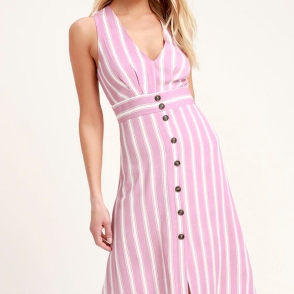 Lulu's Jacqui Lavender and White Striped Button Front Midi Dress - Picture 2 of 10